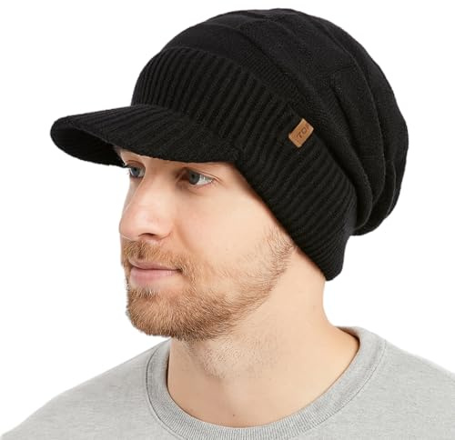 TOP-EX PolarWool™ 100% Merino Wolle Slouchy Strickmütze mit Schirm Fleece Gefüttert Oversize Wintermütze Herren Damen Große Köpfe Schwarz XL/XXL Pendeln Reisen Alltag