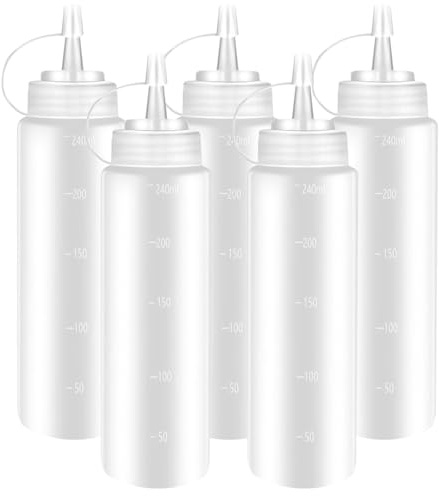 Zorplex Plast Klämflaskor 5-Pack 240 ml (8 oz), Återanvändbara Såsflaskor med Munstycke och Lock, Läckagesäkra och BPA-fria, för Ketchup, Senap, Majonnäs, Chilisås, Olivolja, Sirap, Matlagning