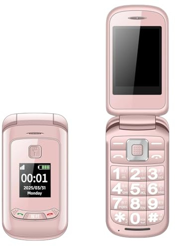 2G Flip Phone for Seniors - Dual Screen, Flashlight, High Volume Speaker, Big button, Large icons, Torch, SOS Button, Dual SIM Basic Cell Phone for Elderly,Pink