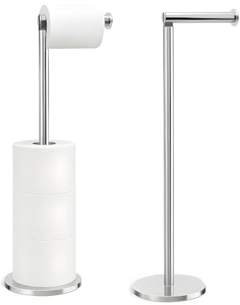 Freestanding Toilet Roll Holders – Durable Stainless Steel 2-in-1 Toilet Paper Stand, Holds 1 Roll & Stores 3 Extra, Anti-Slip Base for Bathroom Stability (Chrome)