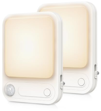 ORIA 2 stycken LED-nattlampor med rörelsesensor, 5 nivåer av justerbar ljusstyrka, 4 lägen (AUTO/ON/AV/nattlampa), ljusuttag för sovrum, korridorer, trappor