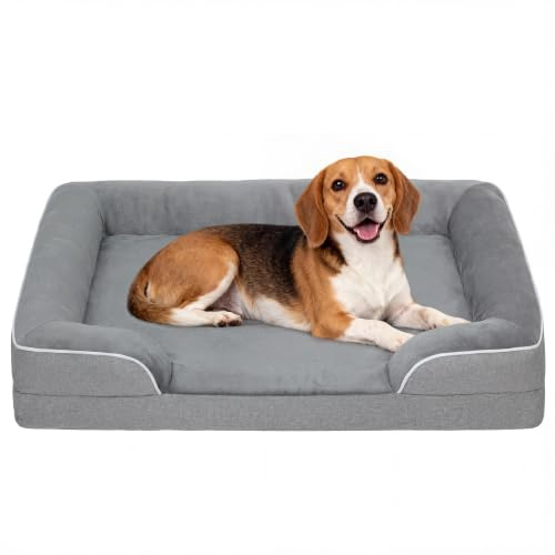 PawHut Memory Foam Dog Bed Sofa, Grey, 91.5 x 68.5 x 16.5 cm | Washable Orthopedic Dog Bed Couch, Removable Flannel Cover, 3-Sided Pet Pillow, U-Shape Bolster, Non-Slip Bottom