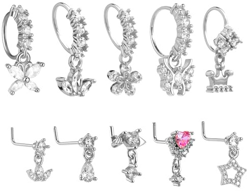 Yolev Nasenring Silber 20G Baumelnder Nasenpiercing mit Zirkonia 10 Stück | nasenpiercing silber für Frauen und Männer Nasenpiercing Ring,