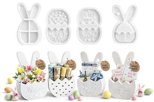 KZXCVS Stampi in silicone, 4 stampi in silicone per colata di Pasqua, per conigli e uova, scatole regalo, stampi in silicone pasquale per stampi in gesso per colata, calcestruzzo e resina, regalo fai