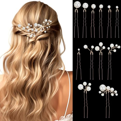 Nogeqi 12 stycken hårnålar pärlor, U-formade pärlhårnål, elegant brud hårsmycke bröllop hårnål pärlor för bröllop bal fest brudtärna damer