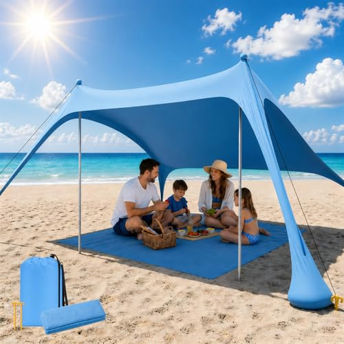 Tenda da Spiaggia UPF50+ con Tappeto, Parasole Antivento Portatile | Rifugio con Ancore di Sabbia e Aste in Alluminio, Facile Montaggio per Campeggio, Spiaggia e Picnic, 6.5X6.5FT Azzurro cielo