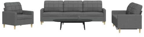 3-tlg. Sofagarnitur Dunkelgrau Stoff Wohnzimmer Set mit Metallrahmen, Bequemes Polstersofa Set für Wohnzimmer und Gästezimmer, Modernes 3-Sitzer Sofa + 2-Sitzer + Sessel, Graue Couchgarnitur