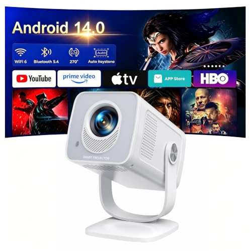 【Built-in Android 14 | Short Throw】TOPTRO Mini Portable Projector 1080P 4K Supported, Smart Projector with 270° Rotation Stand, Auto Keystone, WiFi 6 Bluetooth 5.4, Home Cinema Projectors for Bedroom