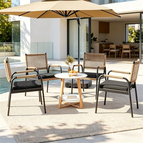 Koioplie Gartenstuhl Rattan 4er Set aus Metall mit PE-Rattan, Schwarz | Witterungsbeständige Terrassen- und Balkonstühle, geeignet für Terrasse, Garten, Veranda und Balkon
