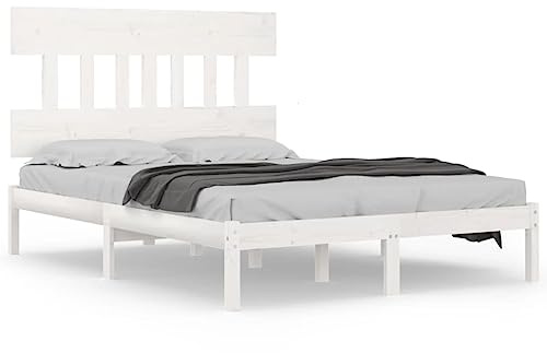 Qnhdfrt Massivholzbett 140x200 cm, Bettgestell aus massivem Kiefernholz, Schlafzimmer Doppelbett mit Kopfteil, Stabiler Holzrahmen in Weiß, Rustikales Design