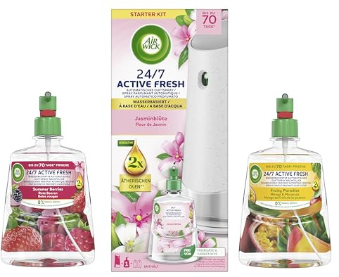 Air Wick Active Fresh Automatisches Duftspray Bundle – Automatisches Starter Set & Nachfüller – Jasminblüte, Fruity Paradise Mango & Maracuja, Summer Berries Rote Beeren – Wasserbasiert, 3x 228ml