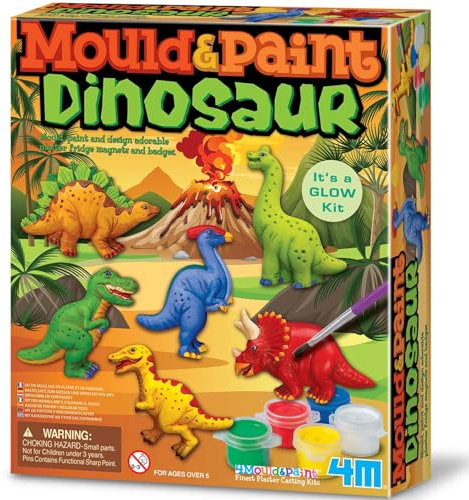 4M Modella e Dipingi Dinosauri Luminescenti – Kit Creativo Set Gesso per Creare Magneti per Il Frigo e Spillette, Si Illumina al Buio, Gioco Educativo per Bambini, Regalo Artistico Fai-da-Te