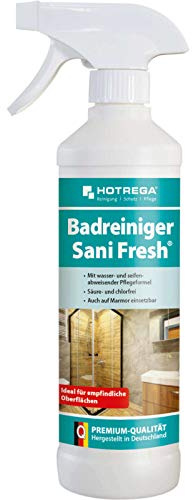 HOTREGA Badreiniger Sani Fresh 500 ml | Sanitärreiniger & Kalklöser Spray | Armaturenreiniger ohne Säure oder Chlor | Für Dusche, Wanne & Waschbecken | Wasserabweisende Pflegeformel | 10 qm