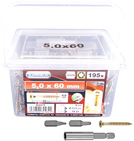 Connex Universalschrauben 5,0 x 60 mm – 195 Stück im Set – Senkkopf | TX-Antrieb – Teilgewinde – Gelb verzinkt – Inkl. Magnethalter und 2 Bits – Schrauben-Set – Schrauben-Eimer