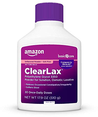 Amazon Basic Care ClearLax, Polyethylene Glycol 3350 Powder for Solution, Osmotic Laxative, Unflavored, 1.11 pound (Pack of 1)