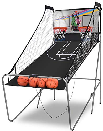 COSTWAY Jeu de Basketball Arcade Pliable à 2 Panier 4 Balles | Panier de Basketball pour 1 à 4 Joueurs avec Système de Pointage Pompe de Gonflage, 8 Modes de Jeux pour Enfants Adultes