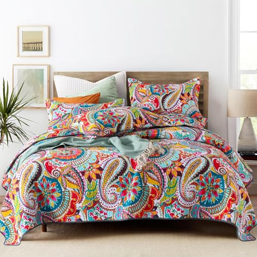 Qucover King Size Quilt Bedding Set, 100% Cotton Boho Bedspread, Vibrant Colorful Gorgeous Paisley Print Coverlet for Living Bedroom, Bed Cover with 2 Pillow Shams, 98x106 Inches