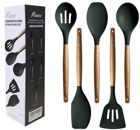 Miusco Non-Stick Cooking Utensils, Silicone Kitchen Utensils Set with Natural Acacia Hard Wood Handle, 5 Piece, Green, BPA Free, Baking & Serving Wooden Cooking Spoon