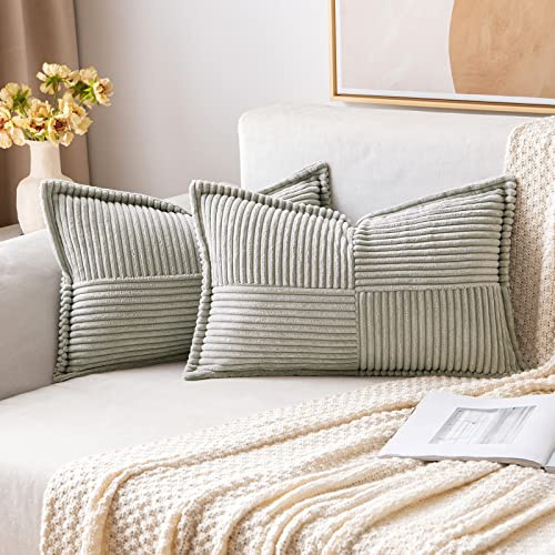 MIULEE 2er Set Kissenbezug 40×60cm Kordsamt Biese Patchwork Hellgrau | Mit Biese und Patchwork Design formstabil farbtreu mit Reißverschluss dekorativ für Sofa Bett Gästezimmer Büro und Terrasse