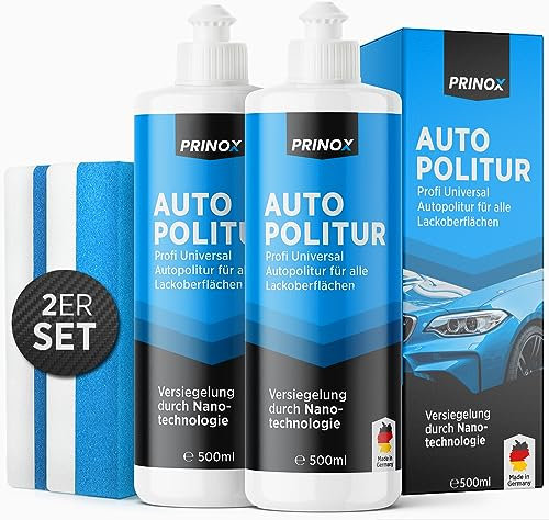 PRINOX 2x Profi Autopolitur 500ml inkl. Polierschwamm für alle Lacke - Schwarz, Weiß, Buntlacke, Metalliclacke I Auto Politur mit Nanoversiegelung zum Kratzer entfernen - Made in DE
