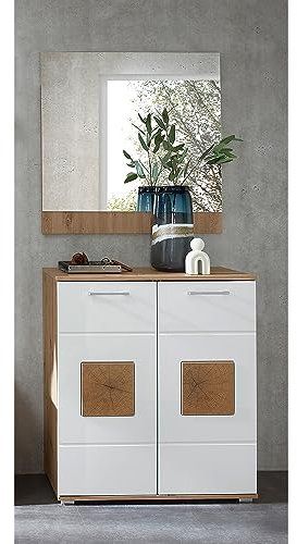 Lomadox Garderoben-Set 2-teilig in braun mit weiß | Flurgarderobe in Eiche mit weiß Hochglanz | Schuhschrank, Spiegel