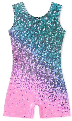 Funnycokid Gymnastics Leotards for Girls Dance Outfits Unitard Sparkly Clothes with Shorts, diamond 02, 5-6 Years
