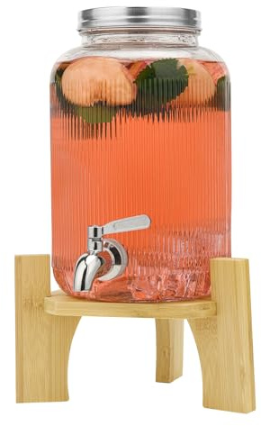 4L Glass Beverage Dispenser with Tap, Drink Dispensers for Parties, Glass Drink Dispenser with Stand and Stainless Steel Faucet, for Cocktails, Juice, Water, Beverages