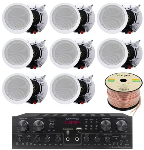 Home Theater System Kit, 4 Channel 1000 Watts Bluetooth Receiver with 5.25 8 Qty of 175W in-Wall in-Ceiling Speakers & 16 Gauge 500 ft. Spool of Speaker Zip Wire by Vaiyer