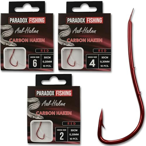 Paradox Fishing Aal-Vorfächer Set je 1x 6# 4# 2# (3X 10 Stück) | Wurmhaken | – Rote geschränkte Carbonhaken mit 2 Widerhaken am Schenkel, 50cm Länge an Hochleistungsschnur für Aal