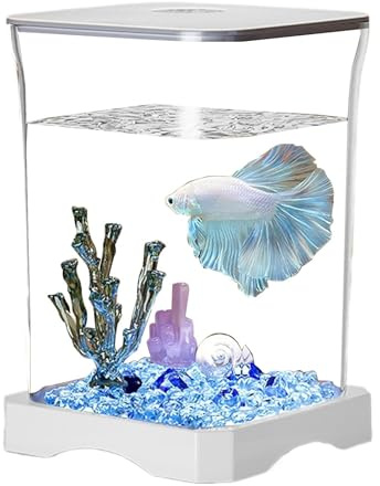Betta Fish Tank - Akvariebord | Fighter Nano Tank, Vit, Med Inbyggt filter, Liten Betta Fish Startsats med LED-lampa Rektangulär Akvarium för bordsdekoration