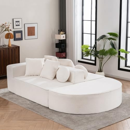KOMHTOM Canapé Lit Moderne 5 Places en Chenille avec 6 Coussins, Canapé Convertible Modulable Multifonctionnel en U, canapé d'angle Confortable pour Salon et Bureau (Blanc, A)