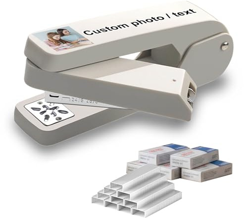 Engrapadora personalizada con 5 cajas de grapas, brazo largo con cabezal giratorio 360°, impresión UV personalizada para oficina, escuela, hogar, encuadernación de cuadernos (Gris)
