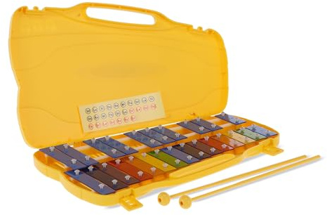 GEWA Glockenspiel, Klangspiel, Xylophon, mit 25 bunten Metallklangplatten, Chromatisch (Tonumfang G5-G7), inkl. 2 Schlegel, Kunststoffetui mit Griff, gelb