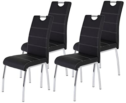 Hela Tische, 4er Set Esszimmerstuhl Susi, Bezug Kunstleder Schwarz, Griffmulde, Metallgestell Chrom, 43 x 61 x 98 cm