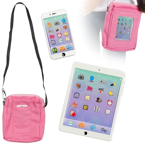 Dress Along Dolly 3pc Tech Set for American 18 Dolls w Cell Phone, Computer Tablet, and Accessory Bag- Premium Durable Metal Construction- Perfect Techie Girl Gift Set for Less