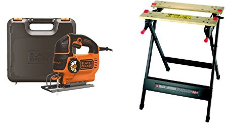 Black & Decker KS801SEK-QS - Sierra de calar 550 W, velocidad variable y Autoselect, maletín + Black & Decker WM301-XJ - Banco de trabajo Workmate 301