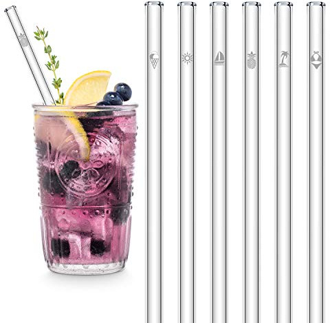HÅLM Glas-Strohhalme - Summer Edition mit Gravur - 6 Stück gerade 20 cm - Sommer Strohhalme - Wiederverwendbare Glas-Trinkhalme - inkl. plastikfreie Reinigungsbürste - Glasstrohalme