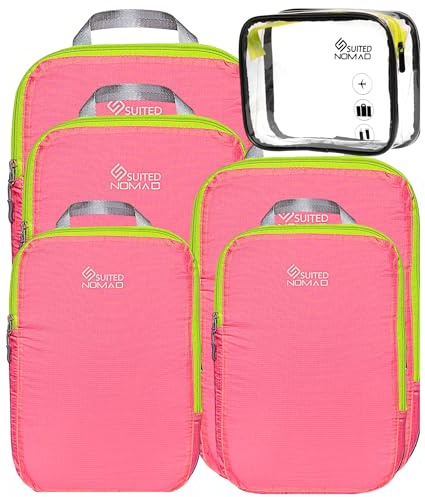 SUITEDNOMAD Ultraleichtes Kompressions-Verpackungswürfel-Set, Koffer und Rucksack, Reise-Organizer-Taschen, Rosa, 6Piece, Kompression