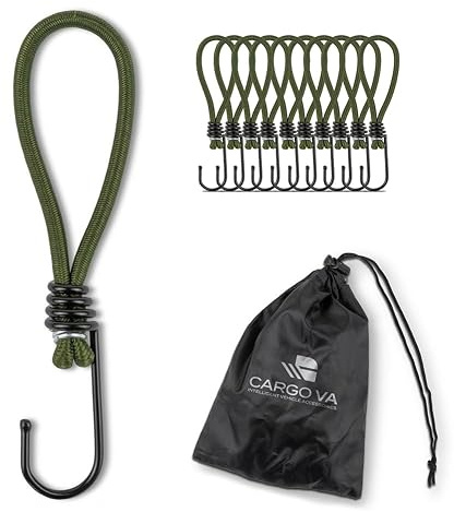 CargoVA® - 10 Spanngummis mit Haken und praktischer Tasche - Expanderhaken für Planen und Netze Olivgrün - 15cm [10 Stück]