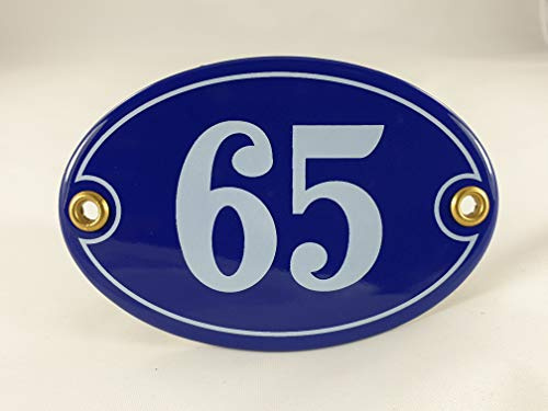 Emaille Hausnummer Schild Nr. 65, oval, Blau-Weiß Handarbeit