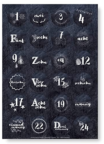 Adventskalender Aufkleber (Zahlen 1-24) - Sticker für Kalender zum selber basteln für Weihnachten - Adventskalenderzahlen Etiketten selbstklebend - Zahlenaufkleber - Nummern für Papiertüten - Rund