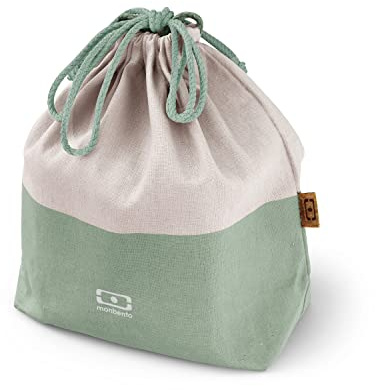 MONBENTO - Lunch Tasche MB Pochette L Natural Grün - Polyester und Baumwolle Gross Bento Tasche - für Büro/Meal Prep/Schule - Kann eine Bento Box + Flasche + Besteck-Set Enthalten - Creme und Grün