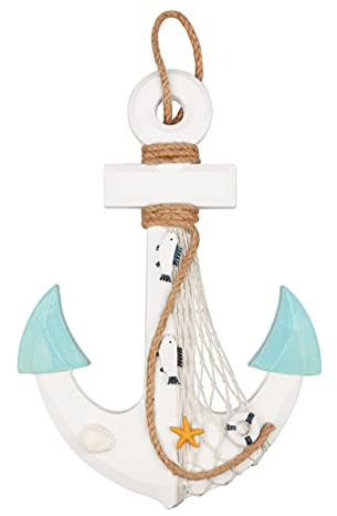 13 Nautical Wooden Anchor with Rope Nautical Beach Wood Anchor Wall Art Decor Door Hanging Ornament Beach Theme Home Decoration (White&Green)
