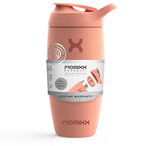 Promixx Pursuit Shaker Bottle Insulated Stainless Steel Water Bottle and Blender Cup, 550ml, Coral