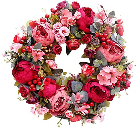 LUOSHUAI TüRkranz Dekorative Türkranz, Seidenblume Pfingstrose Kopf Blumenkranz 40cm Handgemachte Girlande for Herbst Winter Outdoor Display Rot TüRkranz GanzjäHrig (Color : Red)
