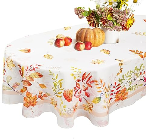 Bnejvif Thanksgiving Tischdecke Oval Herbst Tischdekken mit Herbstblättern und Kürbis, Fleckenabweisend, Anti-Falten, Waschbar, 152,4 x 213,3 cm