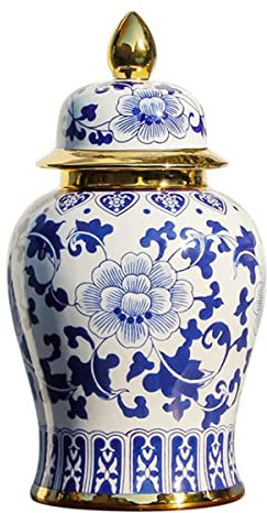 DKULMN Blue and White Porcelain Vase with Lid, Flowers Blue and White Porcelain Loose Tea Tin Porcelain Canister Food Storage Can Box for Sugar Coffee Dry Fruit,45 * 19.5CM
