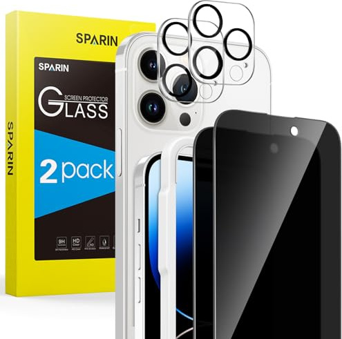SPARIN [2+2 Stück Sichtschutz, Schutzfolie für iPhone 14 Pro 6,1 Zoll, mit Rahmen-Installationshilfe, 2 Displayschutz, 2 Kameraschutz, 9H Härte Glas, Anti-Spy Folie]
