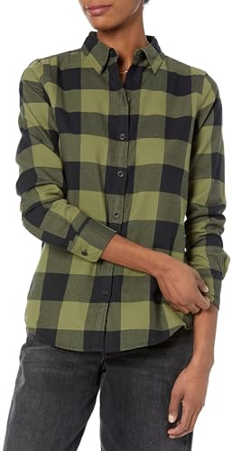 Amazon Essentials Women's Classic-Fit Long-Sleeve Lightweight Plaid Flannel Shirt, Black Olive Buffalo Check, X-Large