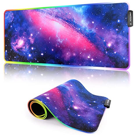 Alfombrilla de Ratón RGB, XXL Mousepad Alfombra Gaming 800x300mm Tapete de Juego Extra Grande, 14 Modos Iluminación, 7 Colores LED para Jugadores PC, Entrada USB Adicional (Púrpura Galáctico)